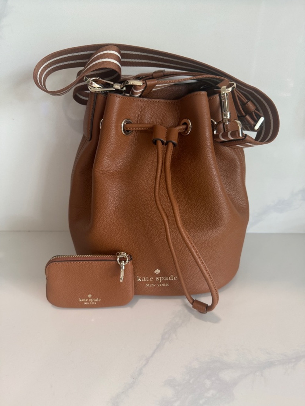 Kate Spade Brown Pebbled Leather Drawstring Bucket Bag